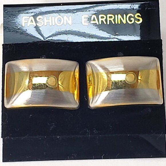 Gold, Silver Dual-Tone Stud Earrings Modern Stripe Design, 0.5x1 Fashion Jewelry - Picture 3 of 8